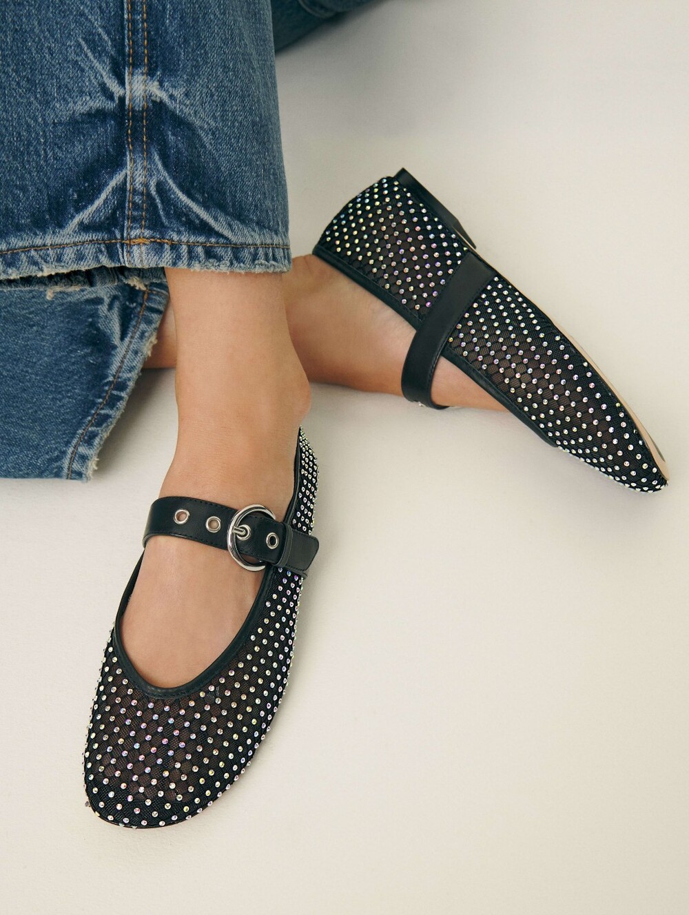 Reformation Bethany Ballet Flat in Black Rhinestone Mesh
